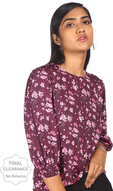 Casual Balloon Sleeve Floral Print Women Purple Top