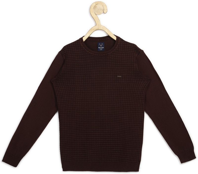 Boys Checkered Crew Neck Brown Sweater