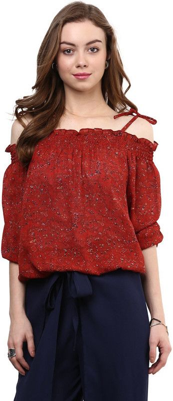 Casual Cold Shoulder Sleeves Printed, Floral Print Women Red Top