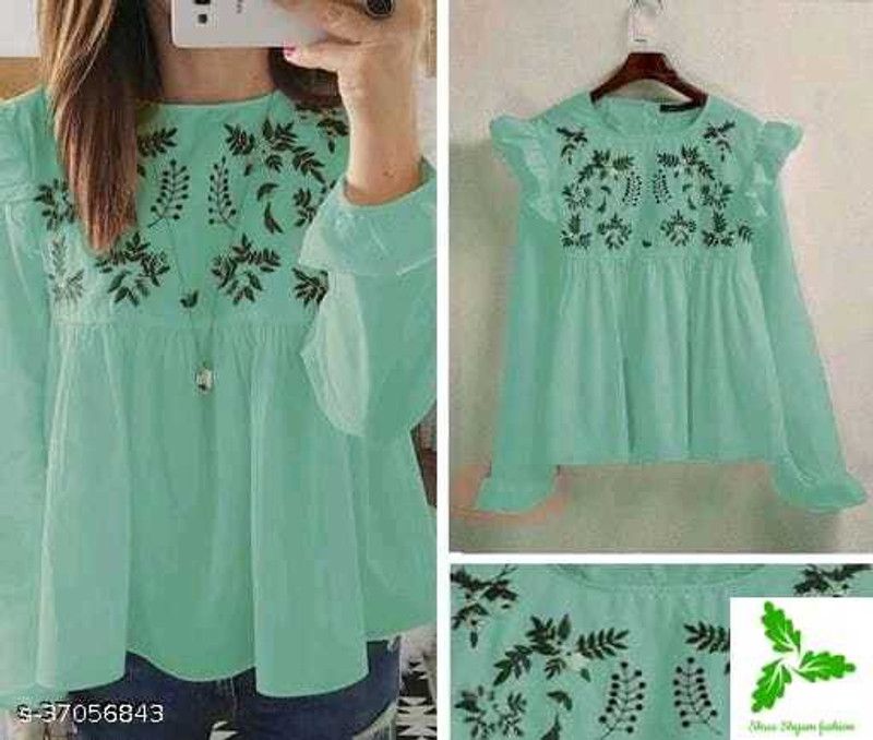 Casual Embroidered Women Green Top