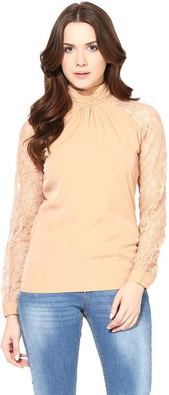 Formal Bishop Sleeve Solid Women Beige Top