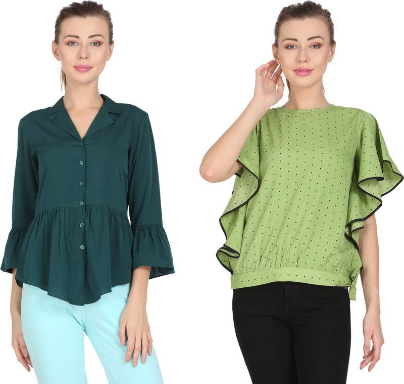 Pack of 2 Casual Regular Sleeves Solid Women Dark Green, Light Green Top