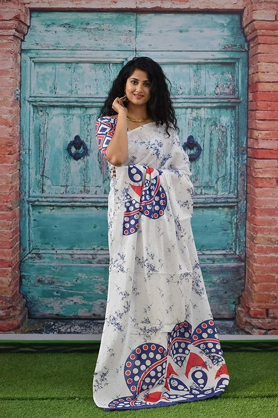 Blocked Printed, Color Block, Dyed, Floral Print, Printed Daily Wear Pure Cotton Saree  (White)