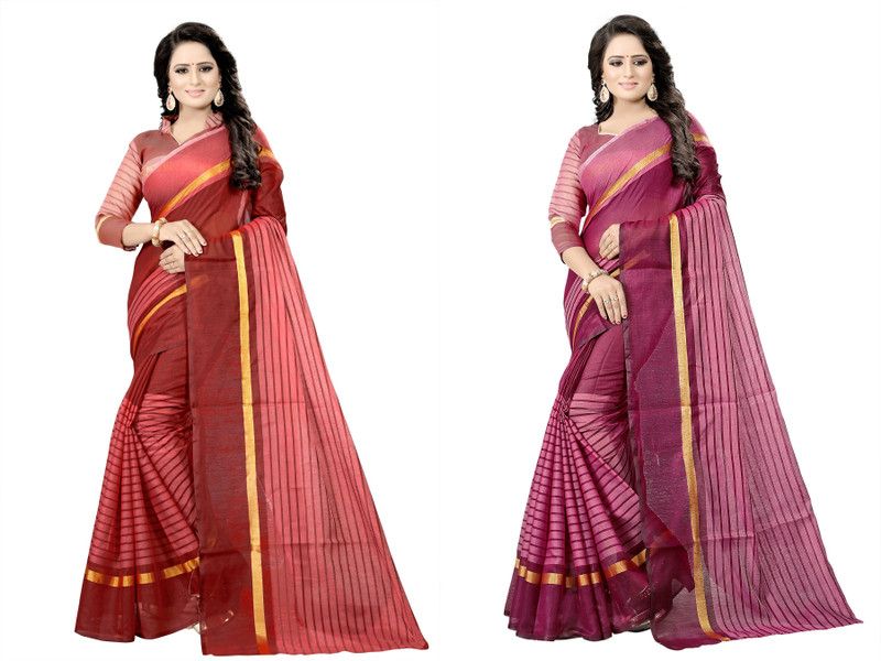 Striped Daily Wear Cotton Silk Saree  (Pack of 2, Purple, Maroon)