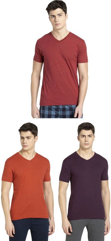 Pack of 3 Men Solid V Neck Cotton Blend Purple, Orange T-Shirt