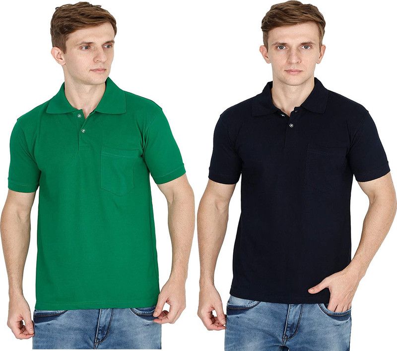 Pack of 2 Men Solid Polo Neck Pure Cotton Dark Blue, Grey T-Shirt