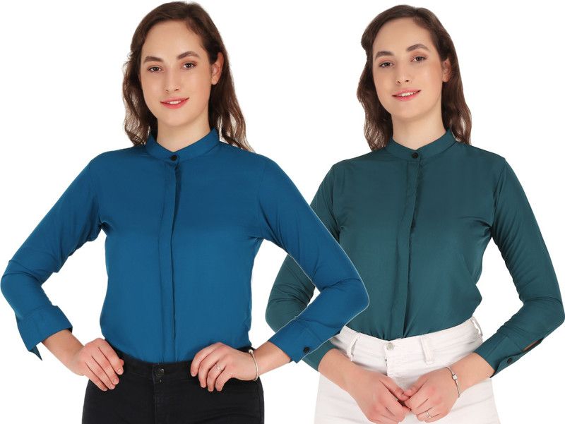 Women Regular Fit Solid Mandarin Collar Formal Shirt  (Pack of 2)