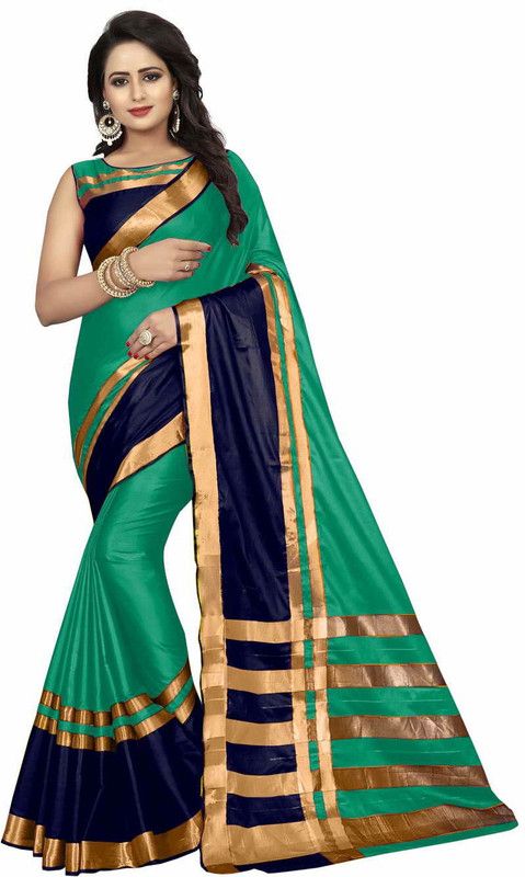 Striped Maheshwari Cotton Silk Saree  (Green)