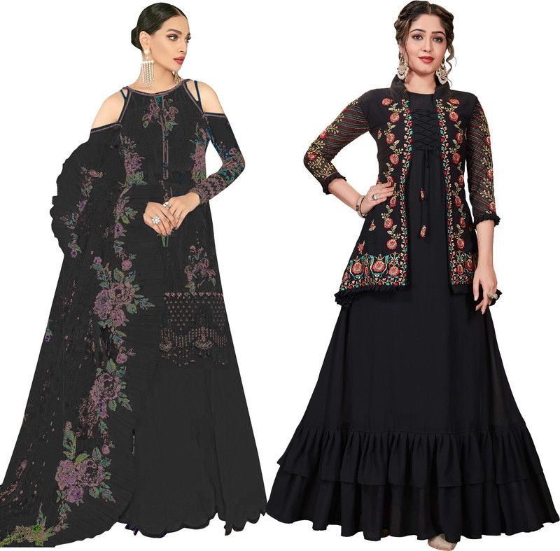 Semi Stitched Georgette Kurta & Sharara Fabric Embroidered, Embellished