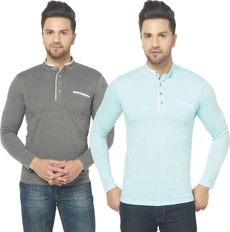 Pack of 2 Solid Combo of Two Henley Neck T-Shirt Men Solid Henley Neck Cotton Blend Blue, Grey T-Shirt