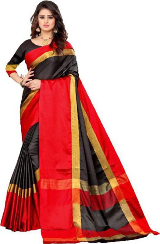 Printed Bollywood Silk Blend Saree  (Red, Black)