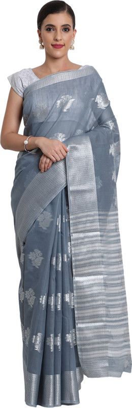 Woven Banarasi Jacquard, Cotton Silk Saree  (Silver, Grey)