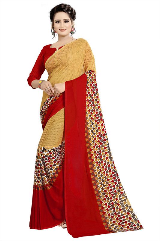 Printed Banarasi Silk Blend Saree  (Beige)