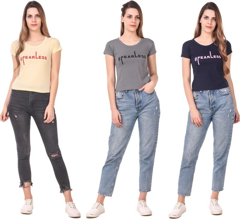 Pack of 3 Women Typography Round Neck Cotton Blend Blue, Beige, Grey T-Shirt