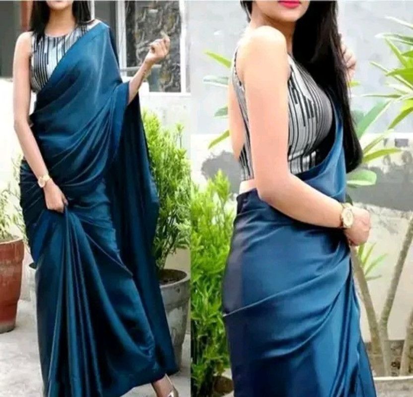 Solid/Plain, Self Design Bollywood Satin Saree  (Dark Blue)
