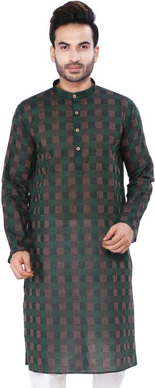 Men Checkered Pure Cotton Straight Kurta  (Green)
