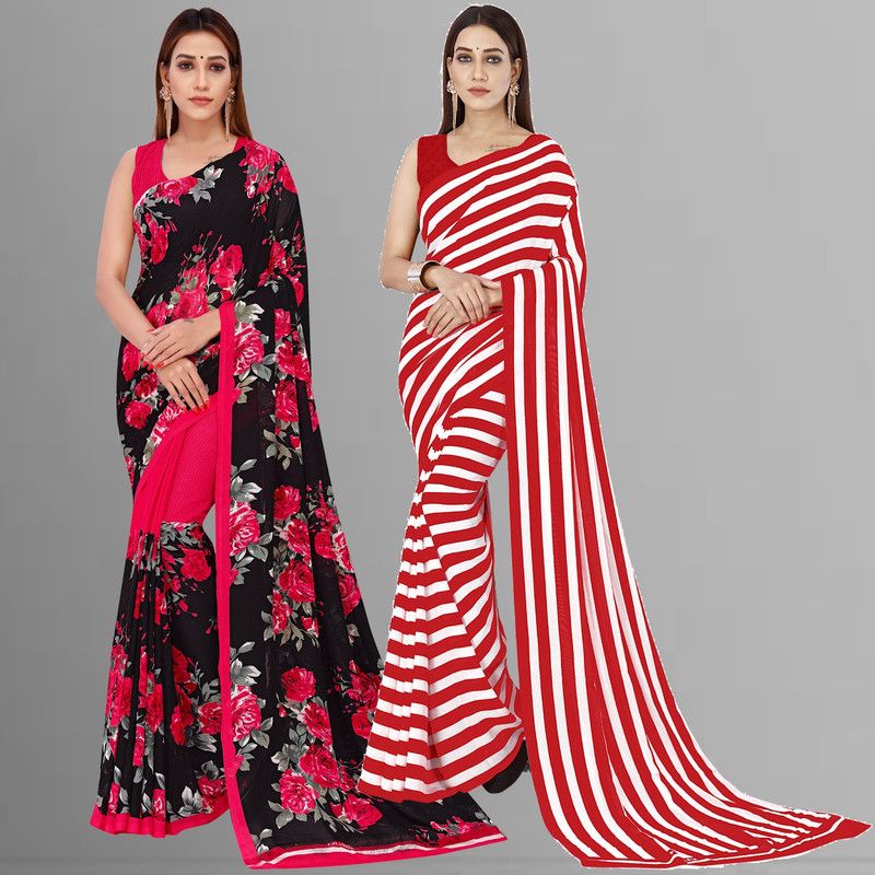 Floral Print Daily Wear Georgette Saree  (Pack of 2, Red, Pink, Black)