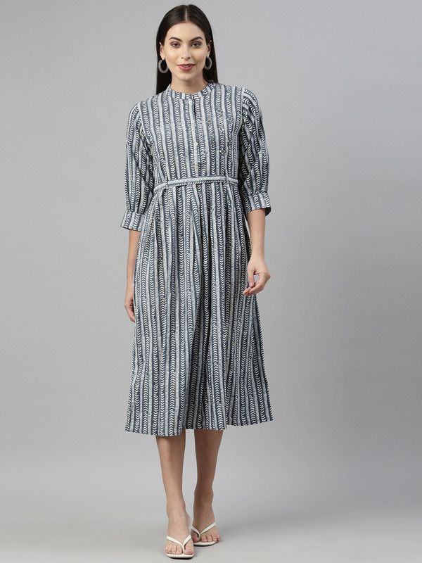 Women Geometric Print Pure Cotton A-line Kurta  (Grey)