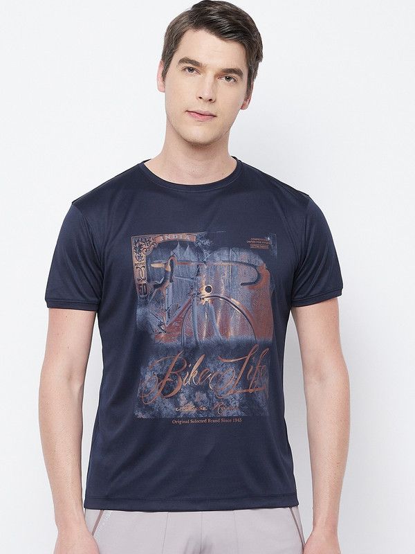 Men Typography Round Neck Elastane Navy Blue T-Shirt