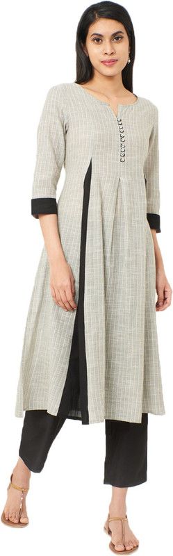 Women Woven Design Pure Cotton Flared Kurta  (Beige)