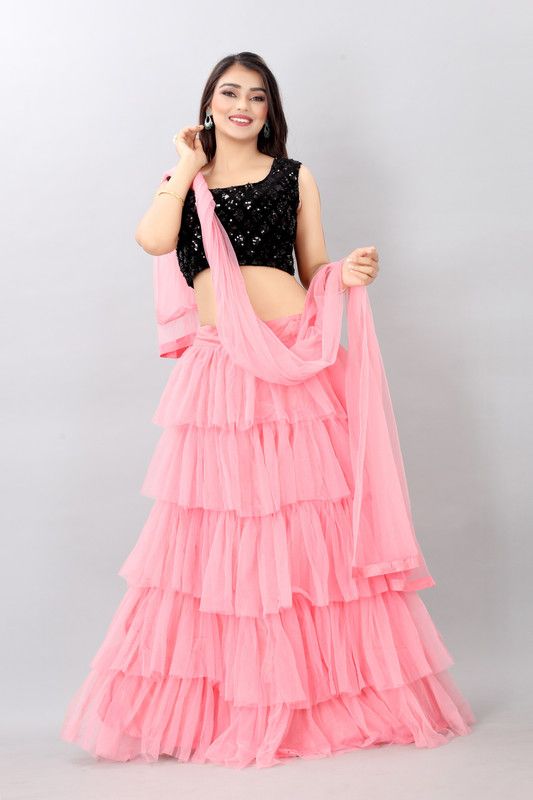 Embroidered Satin Semi Stitched Anarkali Gown  (Pink, Black)