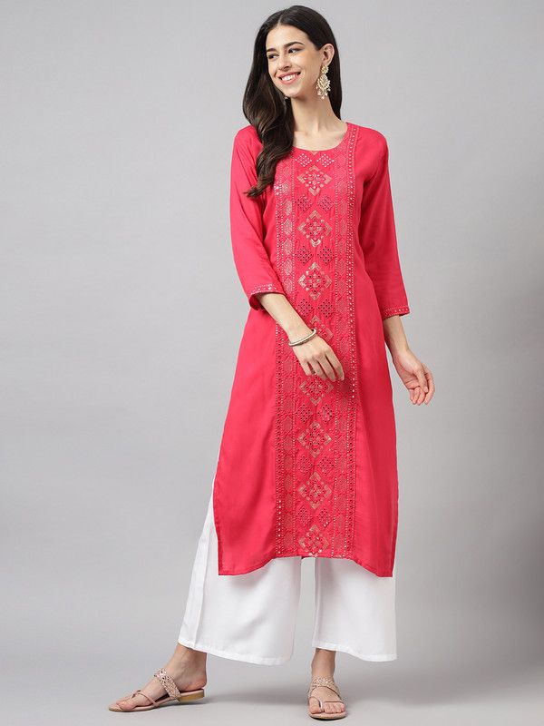 Women Embroidered, Embellished Cotton Rayon Straight Kurta  (Pink)