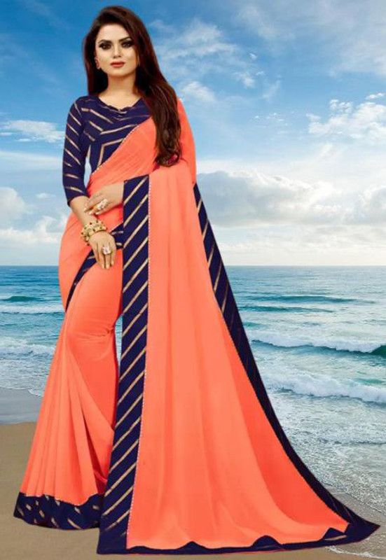 Solid Gadwal Georgette Saree  (Orange, Blue)