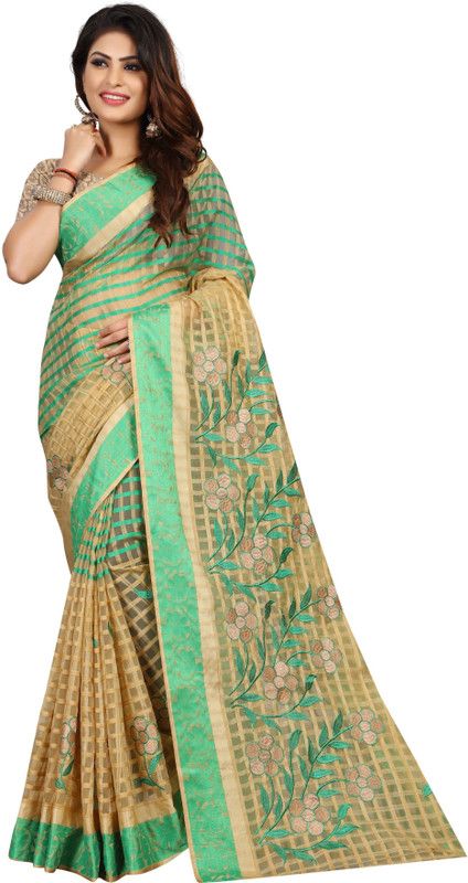 Embroidered, Checkered Bollywood Cotton Blend Saree  (Green, Cream)