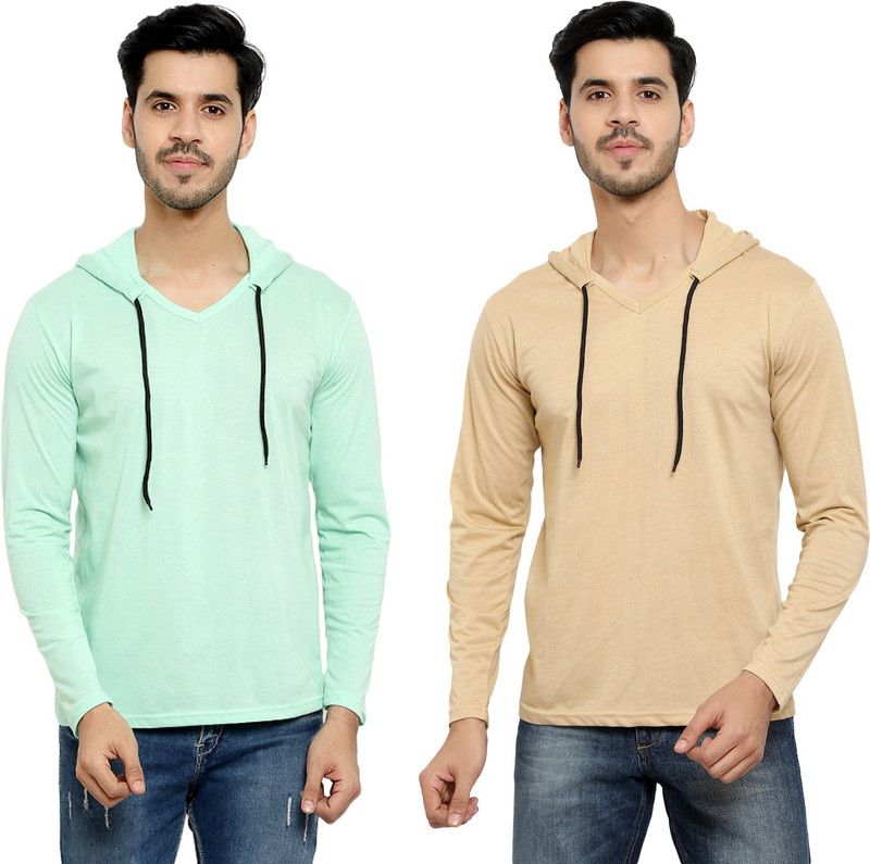 Pack of 2 HMT Men Solid Hooded Neck Cotton Blend Beige, Light Green T-Shirt