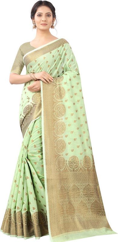 Self Design Dharmavaram Cotton Blend Saree  (Light Green)