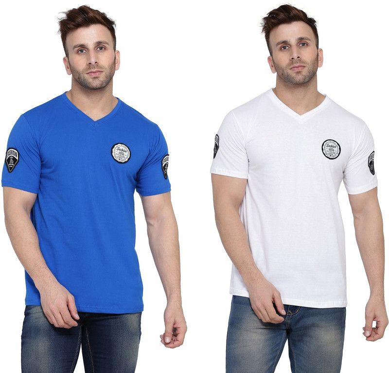 Pack of 2 Faizaan Men Solid V Neck Cotton Blend White, Blue T-Shirt