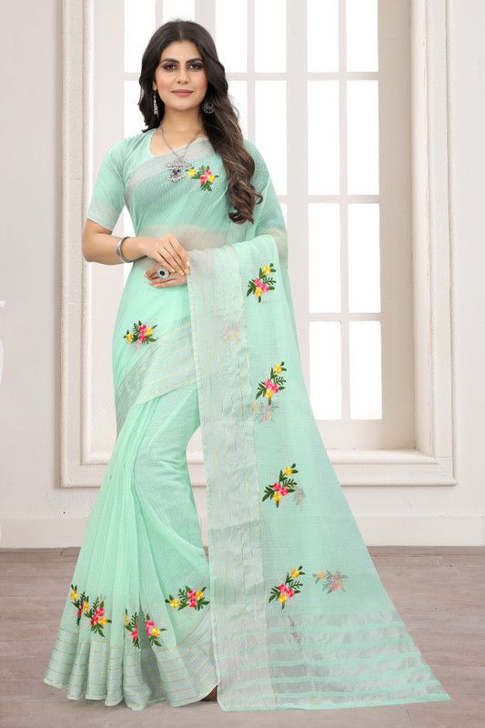 Embroidered Fashion Cotton Blend Saree  (Green)