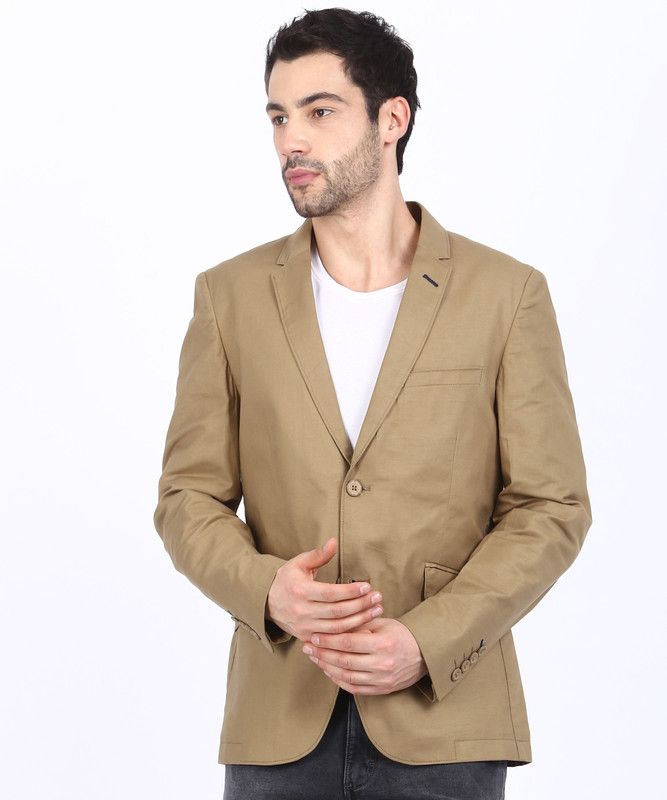 Men Solid Single Breasted Casual Blazer  (Beige)