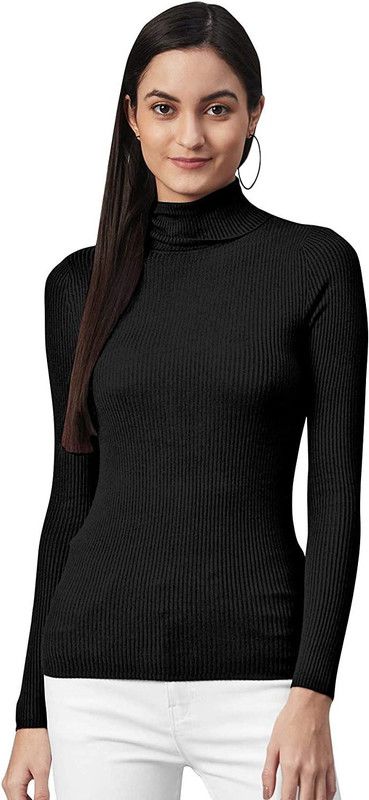 Women Self Design Turtle Neck Black Sweater