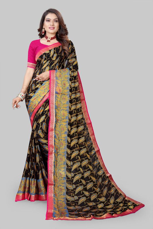 Digital Print Bollywood Brasso Saree  (Brown, Black)