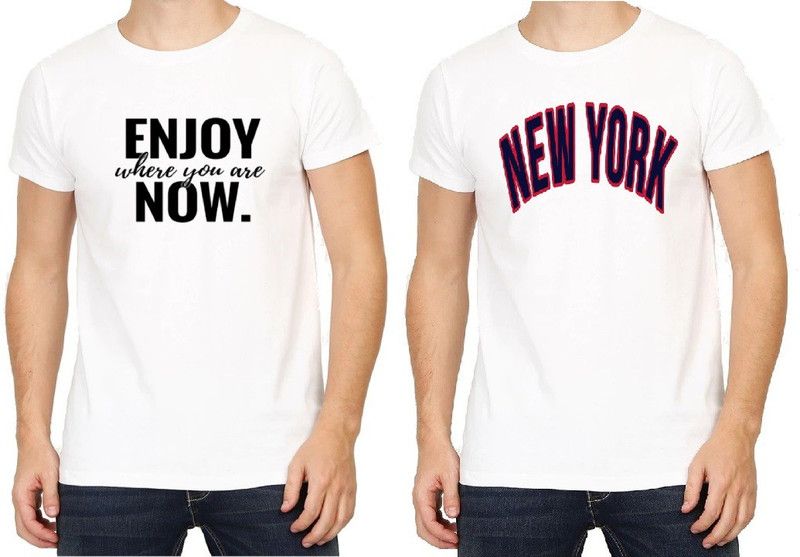 Pack of 2 264 Men Typography Round Neck Polyester White T-Shirt