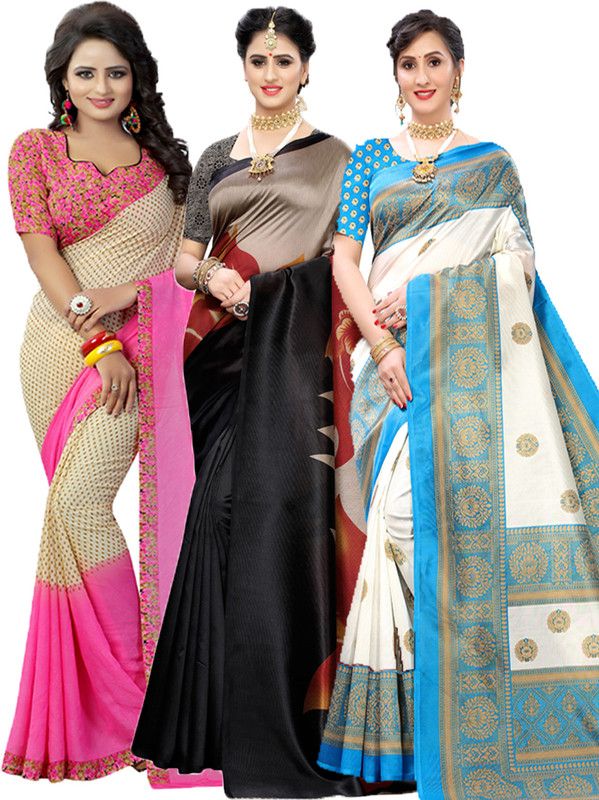 Printed Bollywood Georgette Saree  (Pack of 3, Pink, Black, Light Blue)
