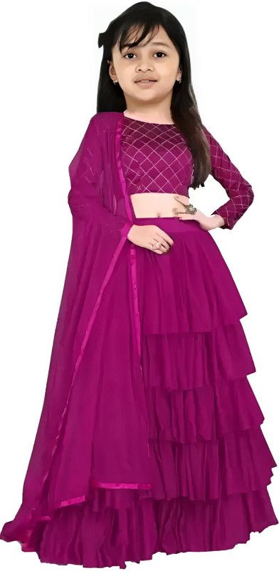 Girls Lehenga Choli Western Wear Checkered Lehenga, Choli and Dupatta Set  (Purple, Pack of 1)