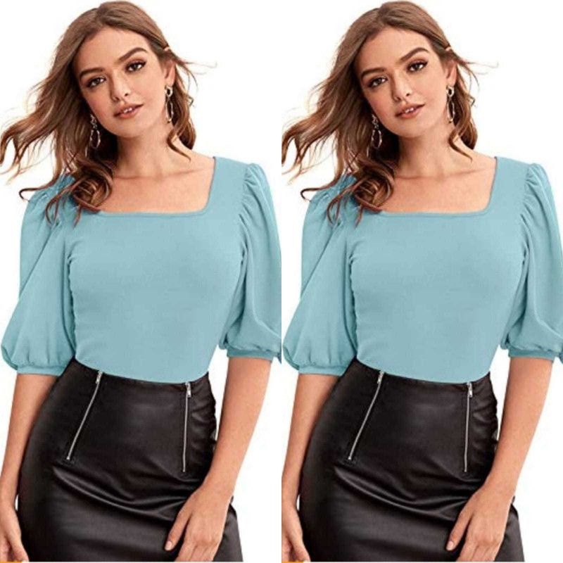 Pack of 2 Casual Puff Sleeves Solid Women Light Green Top