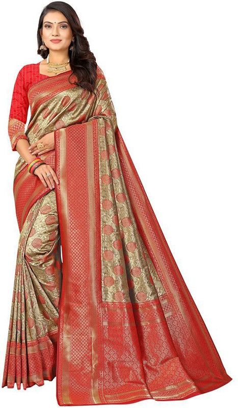 Woven Bhagalpuri Tissue Saree  (Red, Gold)