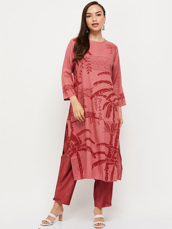 Women Printed Viscose Rayon Straight Kurta  (Pink, Red)