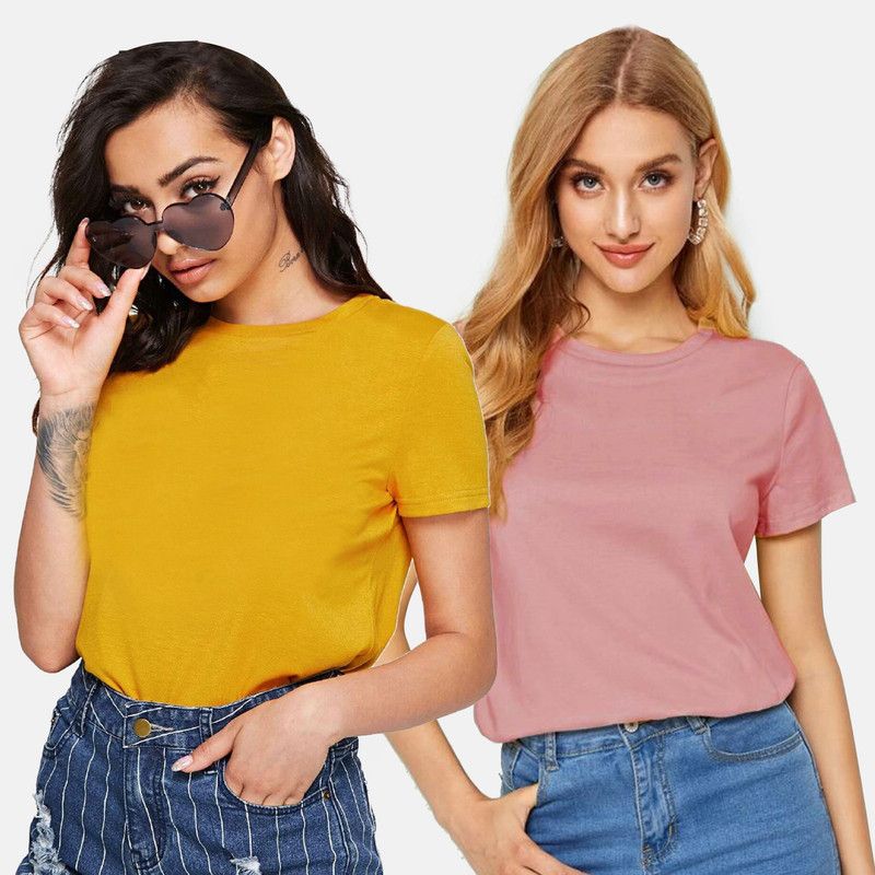 Pack of 2 Women Solid Round Neck Pure Cotton Pink, Yellow T-Shirt