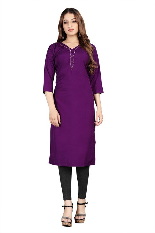 Women Embellished, Solid Crepe Straight Kurta  (Purple)