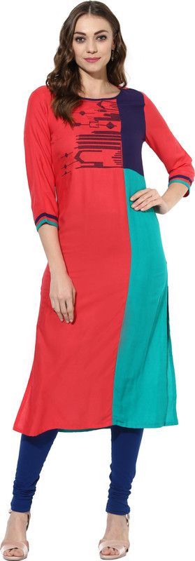 Women Embroidered Cotton Rayon Straight Kurta  (Red, Green)