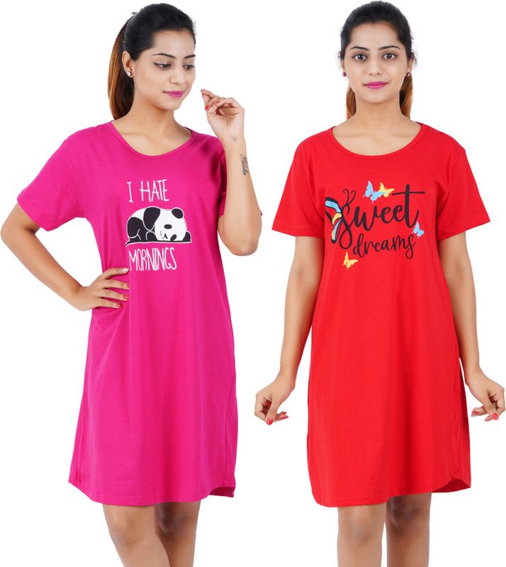 Pack of 2 Women Nightshirts  (Pink, Red)