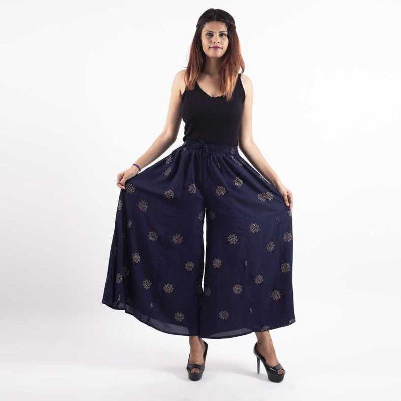 Women Flared, Regular Fit, Relaxed Dark Blue Viscose Rayon Trousers