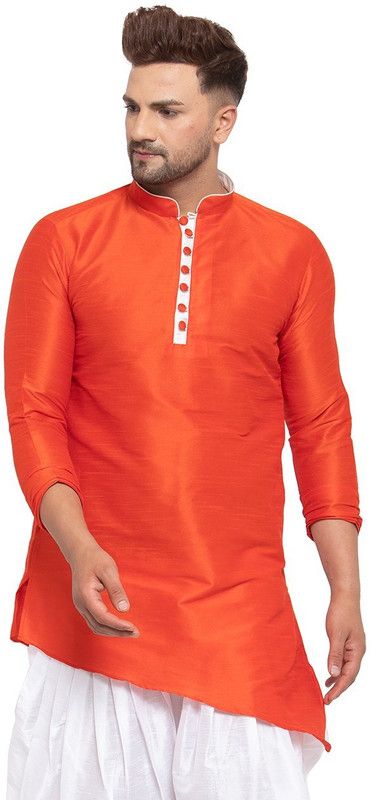 Men Solid Dupion Silk Asymmetric Kurta  (Orange)