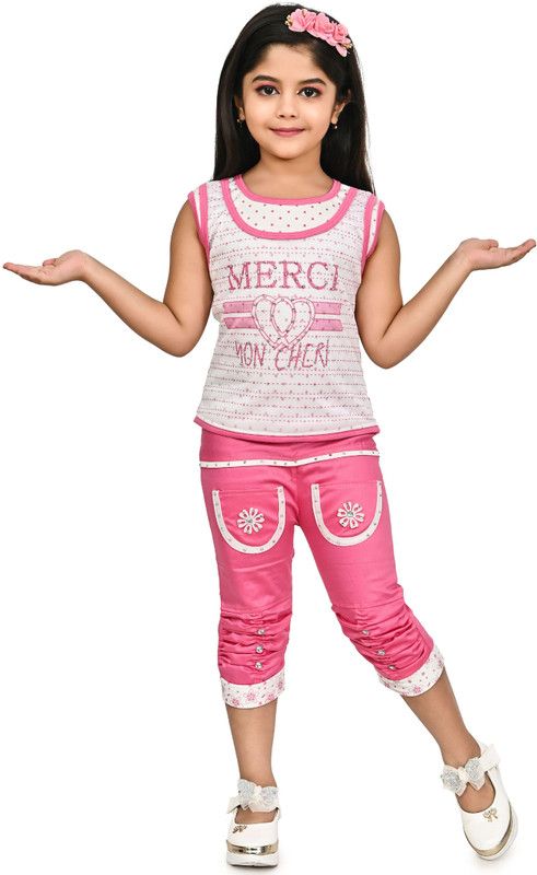 Girls Party(Festive) Top Three Fourth Pant  (Pink)