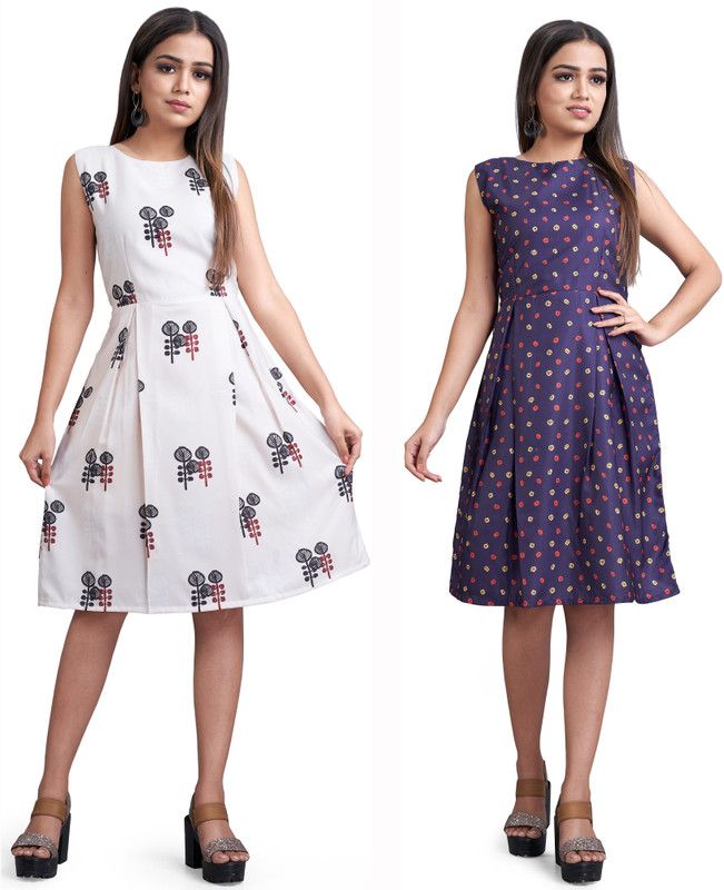 Women A-line White, Dark Blue Dress