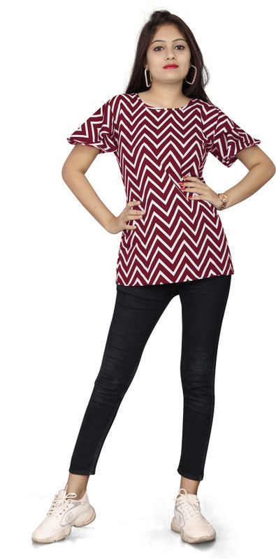 Casual Ruffled Sleeves Printed Women Red, White Top